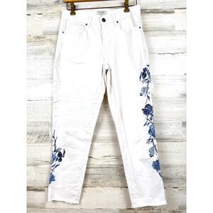 Tru Luxe Womens 8 White Blue Embroidered Fray Hem Straight Jeans Boho